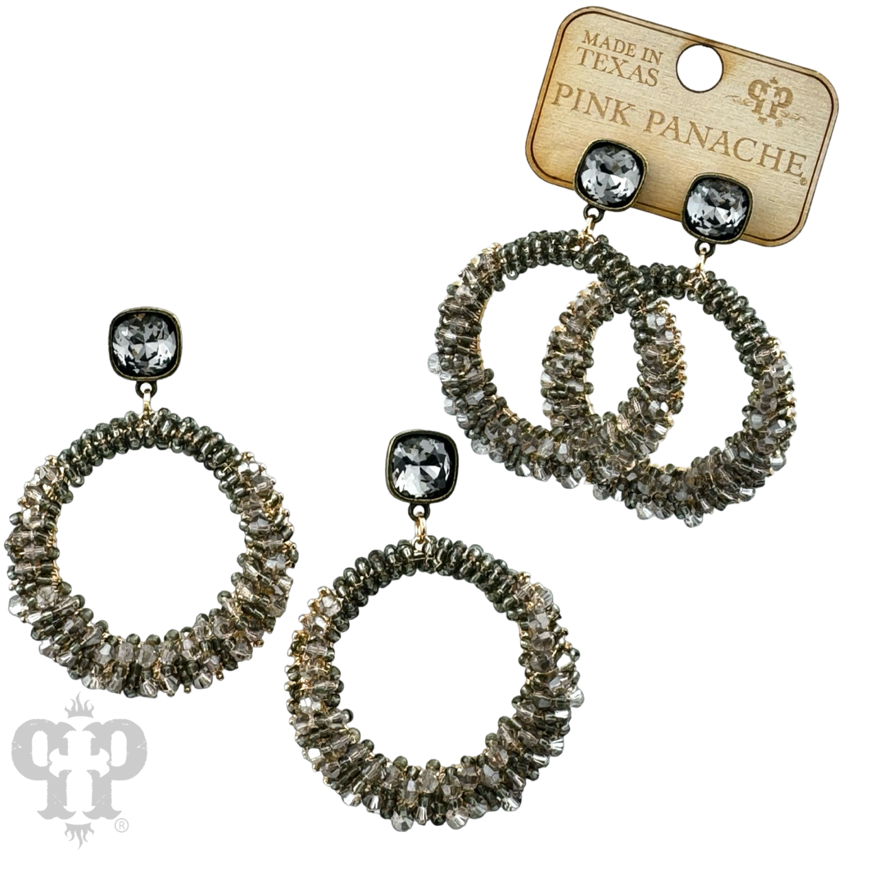 Pink Panache Brands black bicone bead wrapped dangle earrings with Austrian crystals, showcasing elegant jewelry design.
