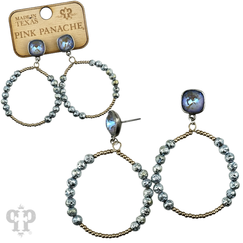 Pink Panache Brands blue foil and smooth bead circle earrings with Austrian crystal accents, elegant and sparkling jewelry accessory.