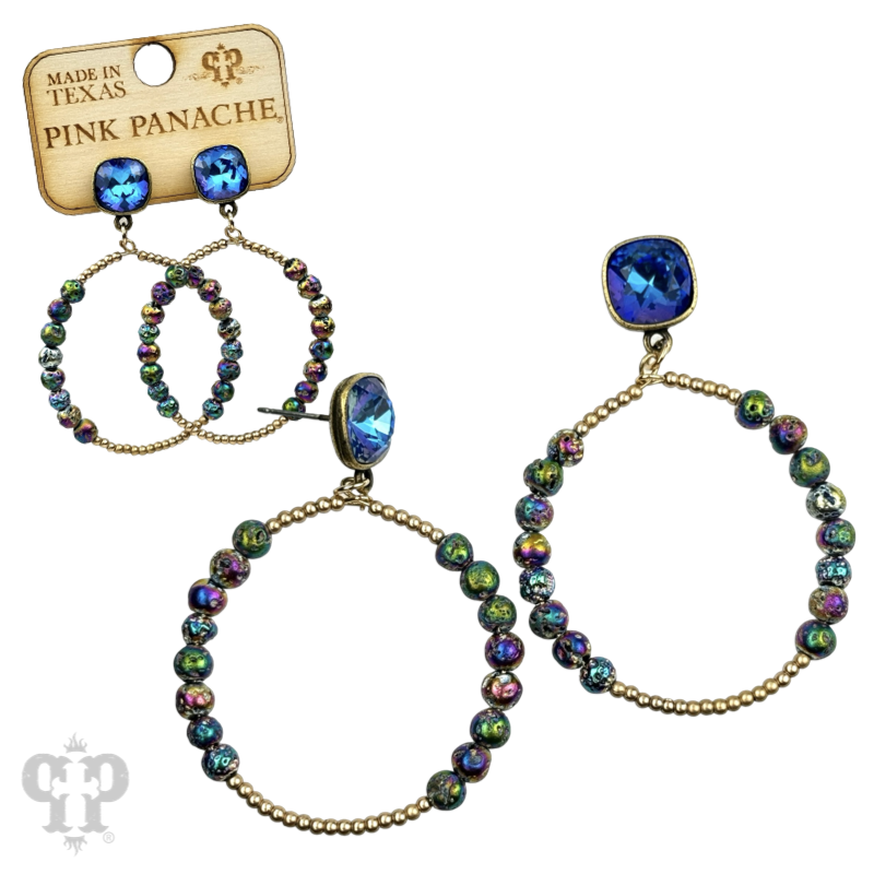 Pink Panache Brands blue foil and smooth bead circle earrings with sparkling Austrian crystal accents.