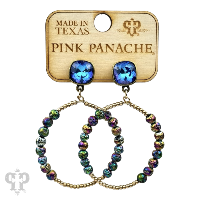 Blue foil and smooth bead circle earring with Austrian crystal from Pink Panache Brands, showcasing elegant jewelry design.