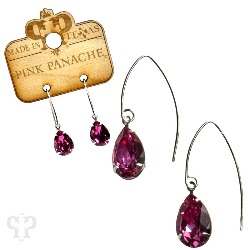 Blue and gold Austrian crystal pear drop earrings by Pink Panache Brands, showcasing elegant dangling jewelry.