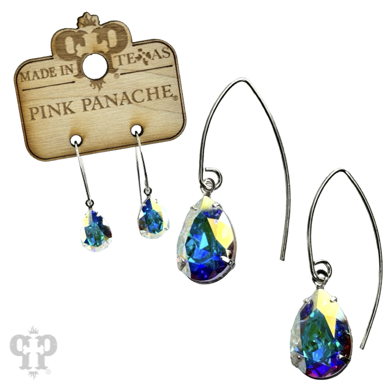 Blue and gold Austrian crystal pear drop earrings by Pink Panache Brands, featuring elegant dangling crystal design.