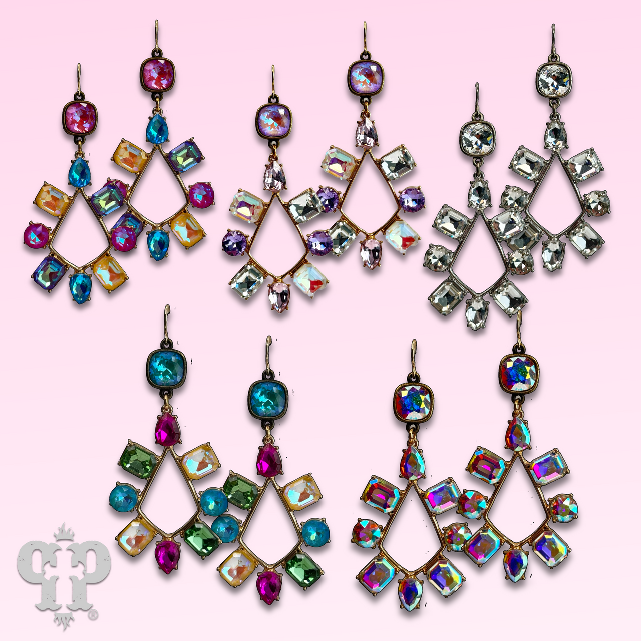Pink Panache Brands chandelier earrings featuring blue rhinestones, teardrop shape, and Austrian crystal accents.