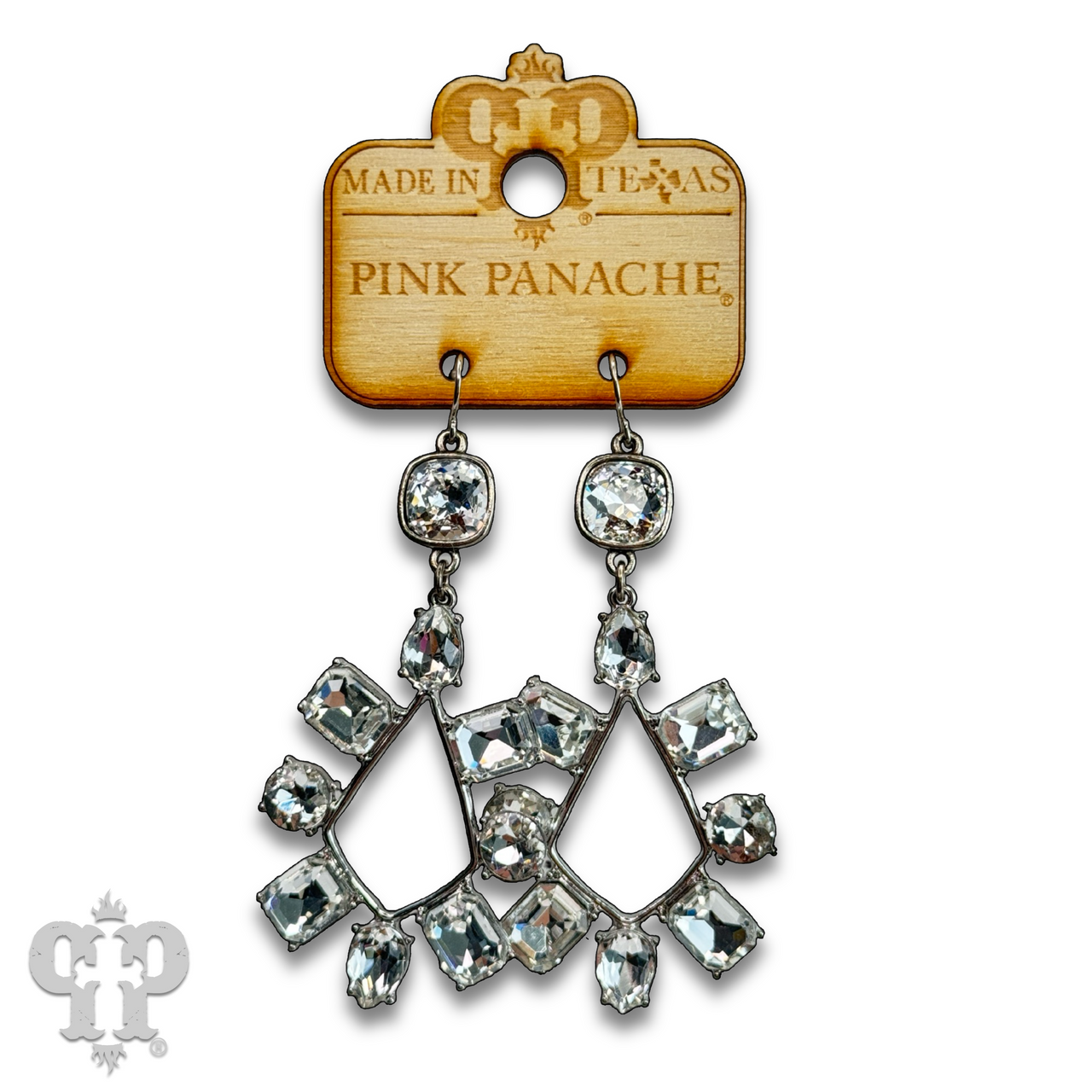 Pink Panache Brands rhinestone chandelier teardrop earrings with Austrian crystals, featuring blue rhinestones and elegant design.