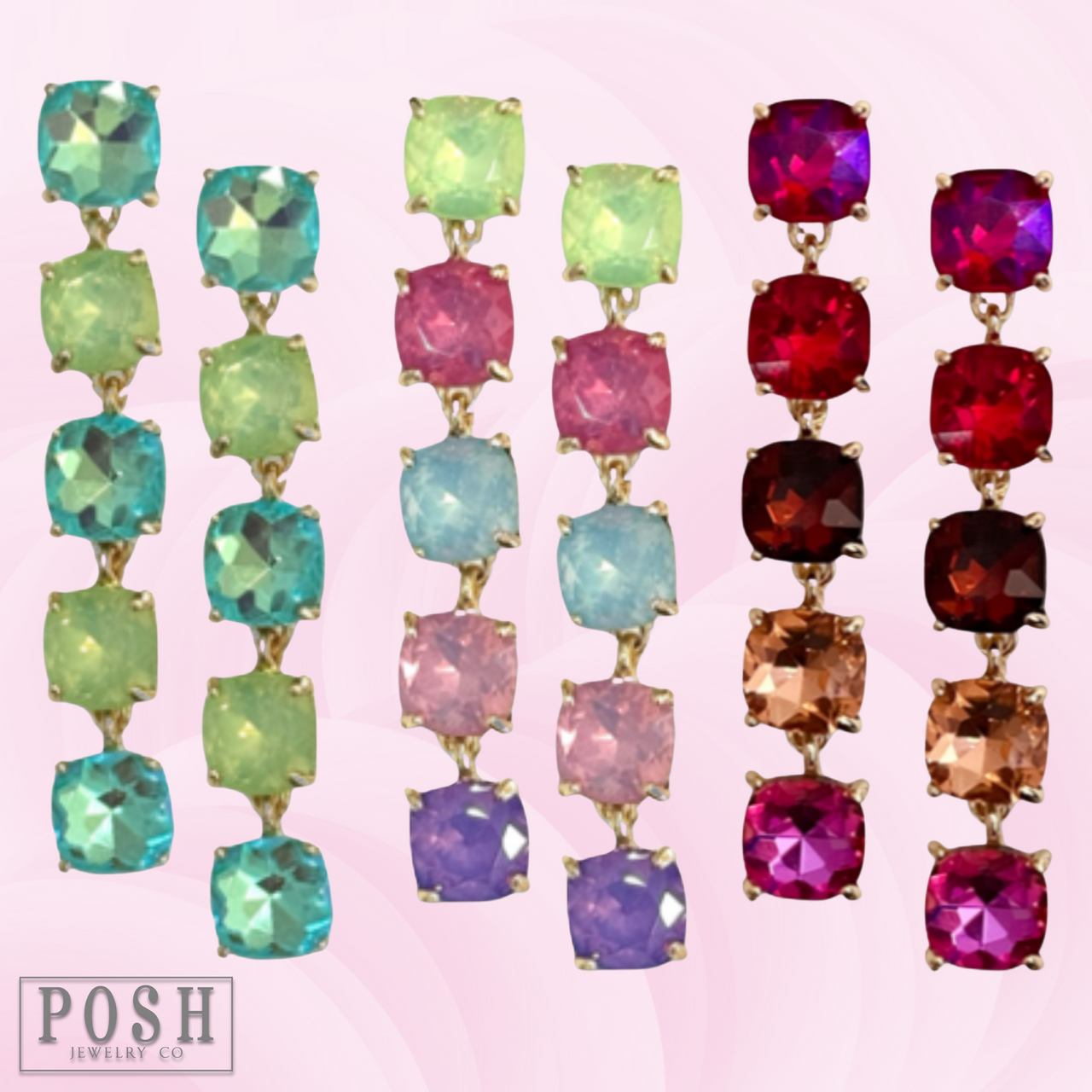 Blue square rhinestone drop earrings by Pink Panache Brands with sparkling gemstone accents and elegant design.