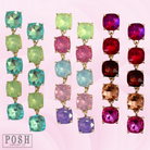 Blue square rhinestone drop earrings by Pink Panache Brands with sparkling gemstone accents and elegant design.