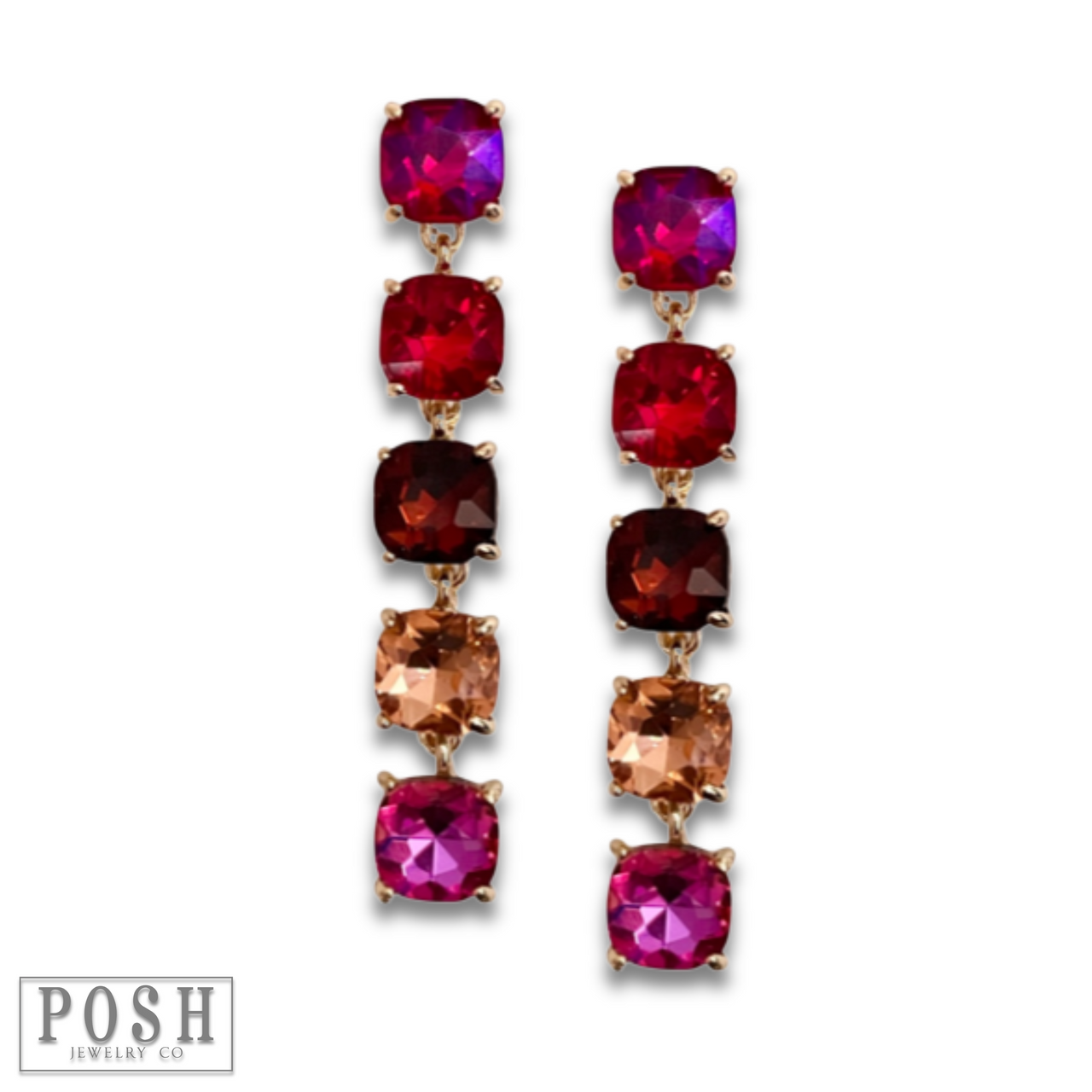 Blue square rhinestone drop earrings by Pink Panache Brands featuring sparkling rhinestones and elegant drop design.