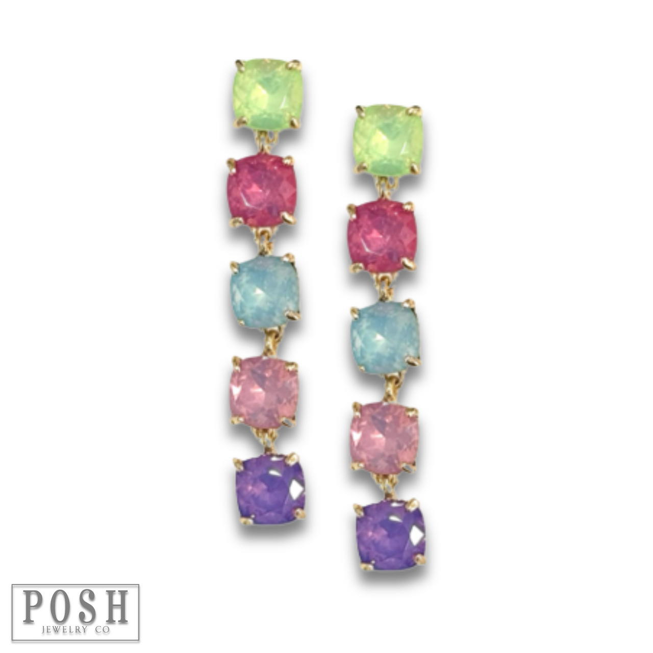 Blue square rhinestone drop earrings by Pink Panache Brands featuring sparkling rhinestones and elegant dangle design.
