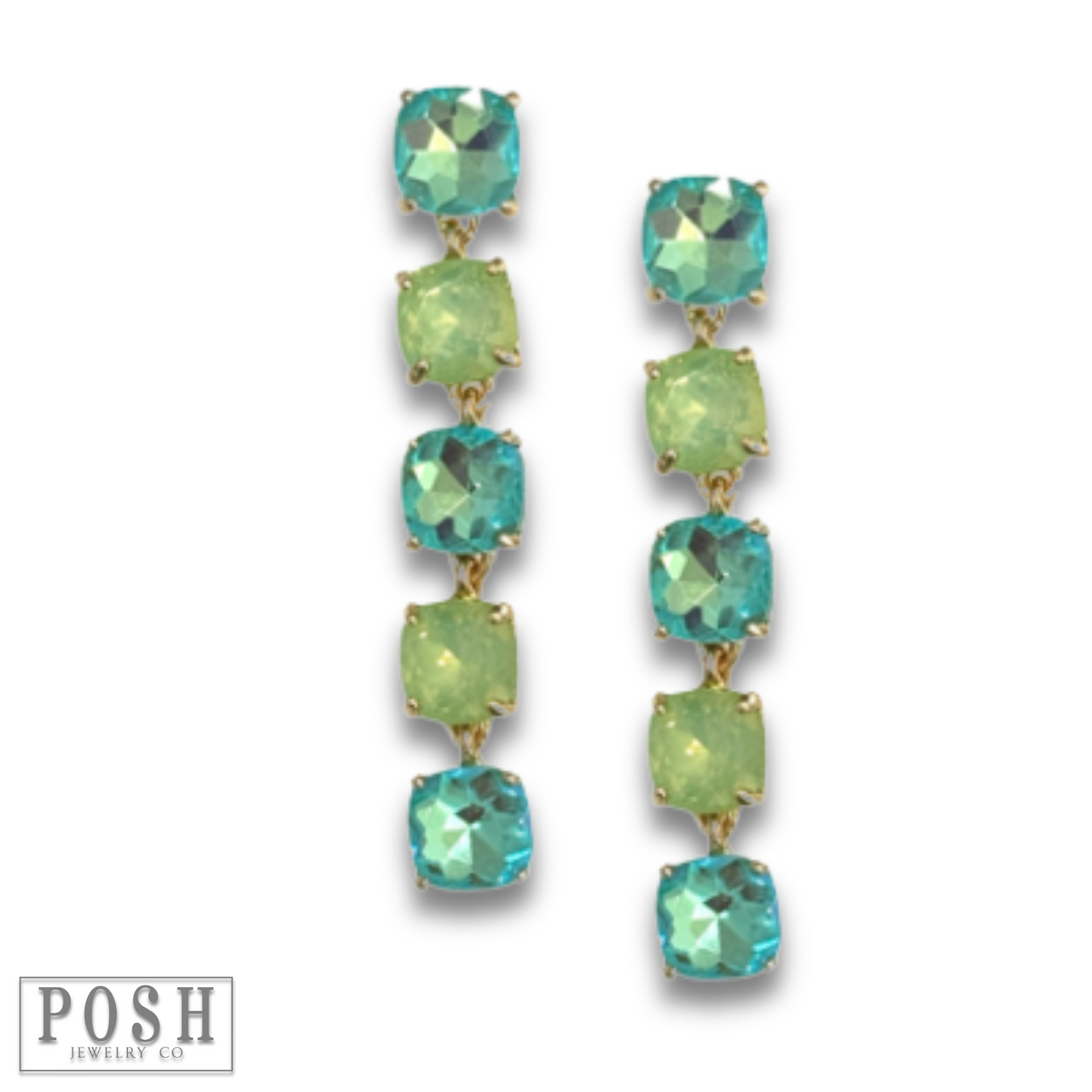 Blue square rhinestone drop earring from Pink Panache Brands, featuring sparkling rhinestones and a stylish earring design.