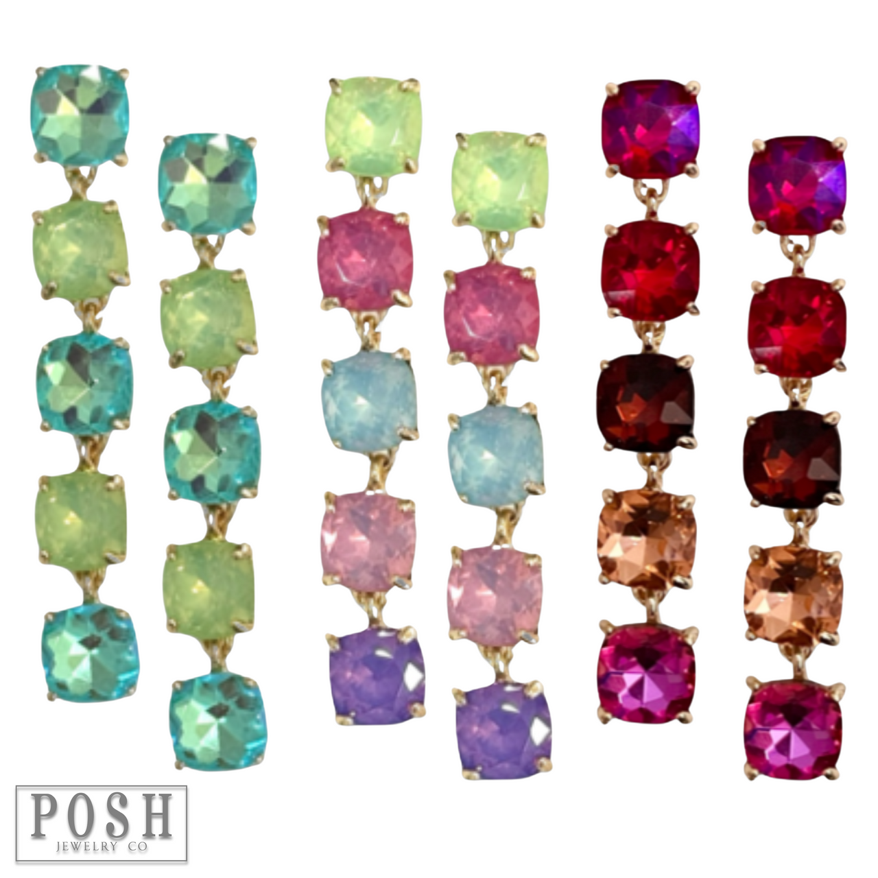 Pink Panache Brands square rhinestone drop earrings featuring blue rhinestones and elegant earrings design.