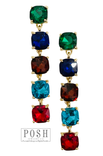 Blue square rhinestone drop earrings by Pink Panache Brands featuring sparkling gemstones and elegant dangling design.
