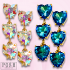 Pink Panache Brands triple heart rhinestone earrings featuring blue hearts and sparkling accents, stylish and elegant jewelry.