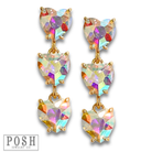 Pink Panache Brands triple heart rhinestone earrings featuring blue hearts and sparkling details.
