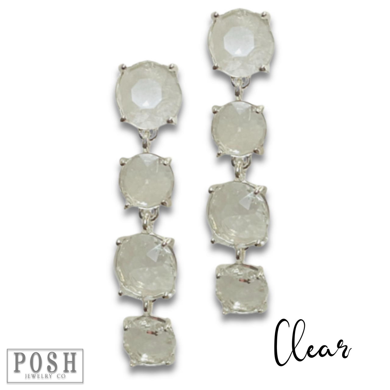 Pink Panache Brands round rhinestone drop earrings featuring clear sparkling stones and a sleek, elegant design.