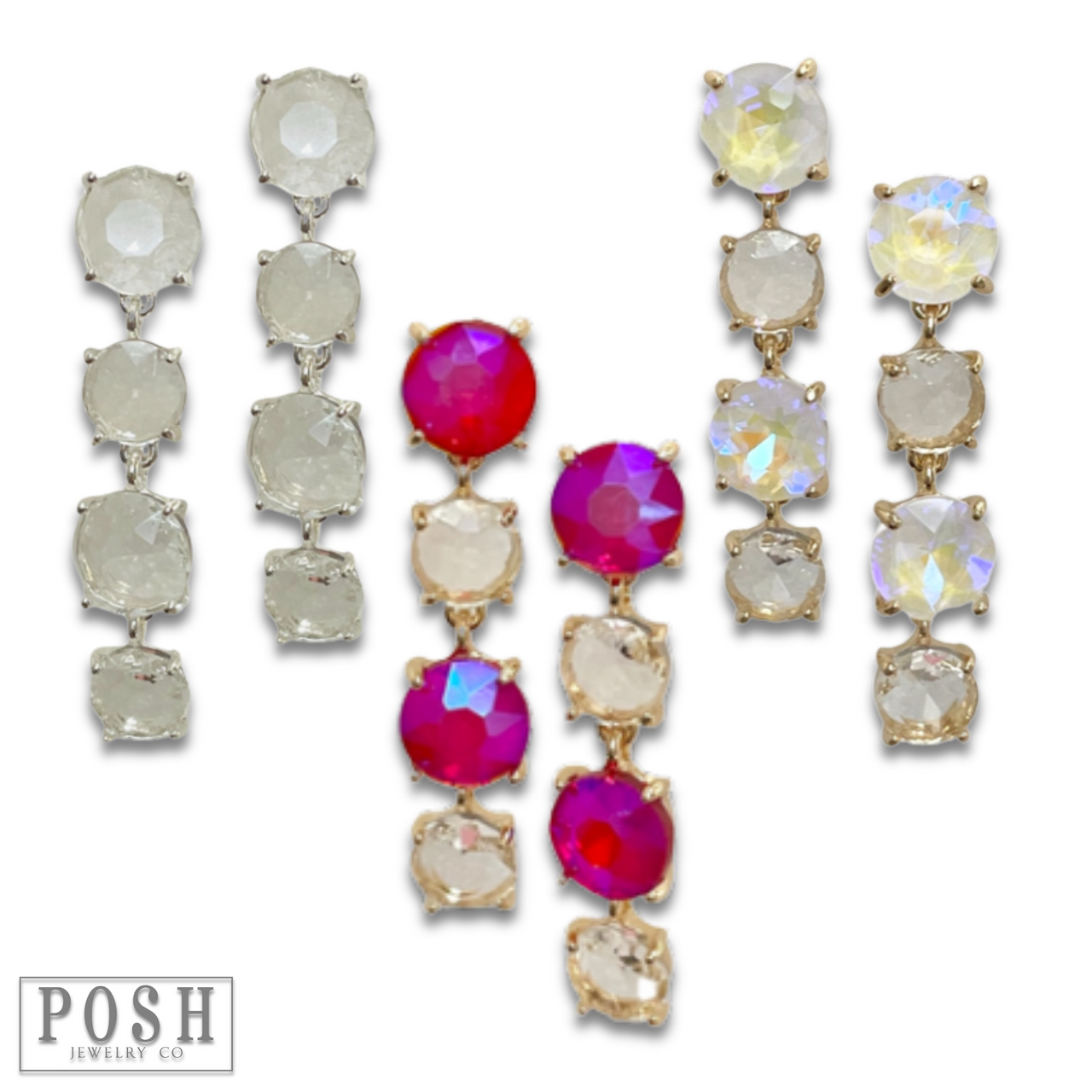 Pink Panache Brands round rhinestone drop earrings featuring sparkling clear stones and elegant dangling design.