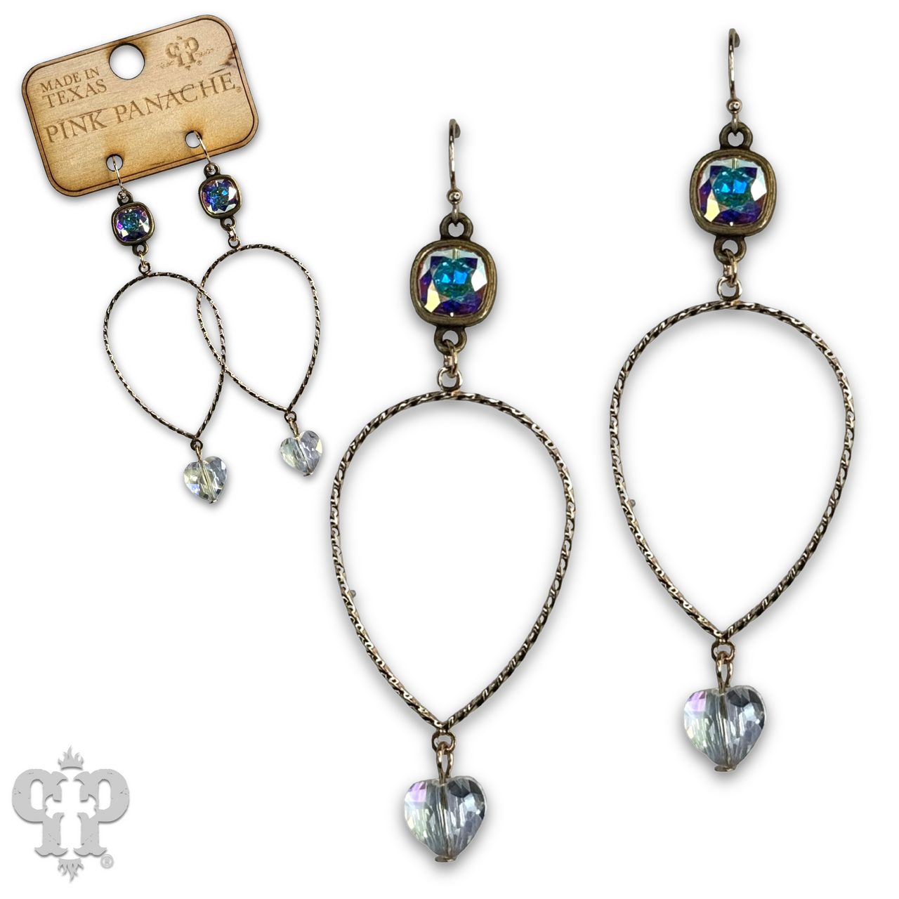Pink Panache Brands crystal heart teardrop earrings featuring vibrant fuchsia Austrian crystals and elegant silver hooks.