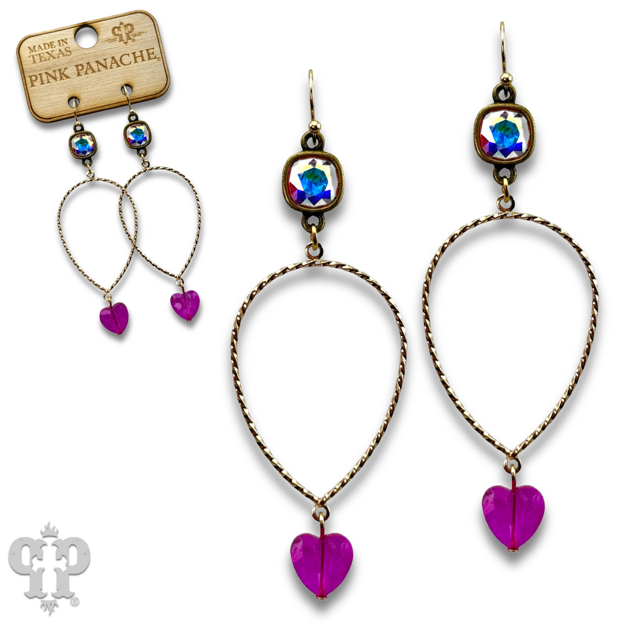 Pink Panache Brands crystal heart teardrop earrings with fuchsia Austrian crystals, showcasing sparkling jewelry and elegant design.