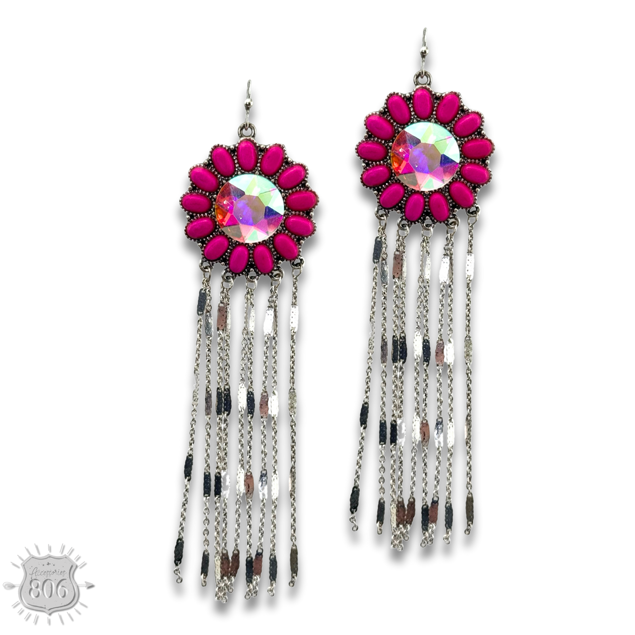 Fuchsia flower concho fringe earrings by Pink Panache Brands featuring vibrant floral and tassel details.