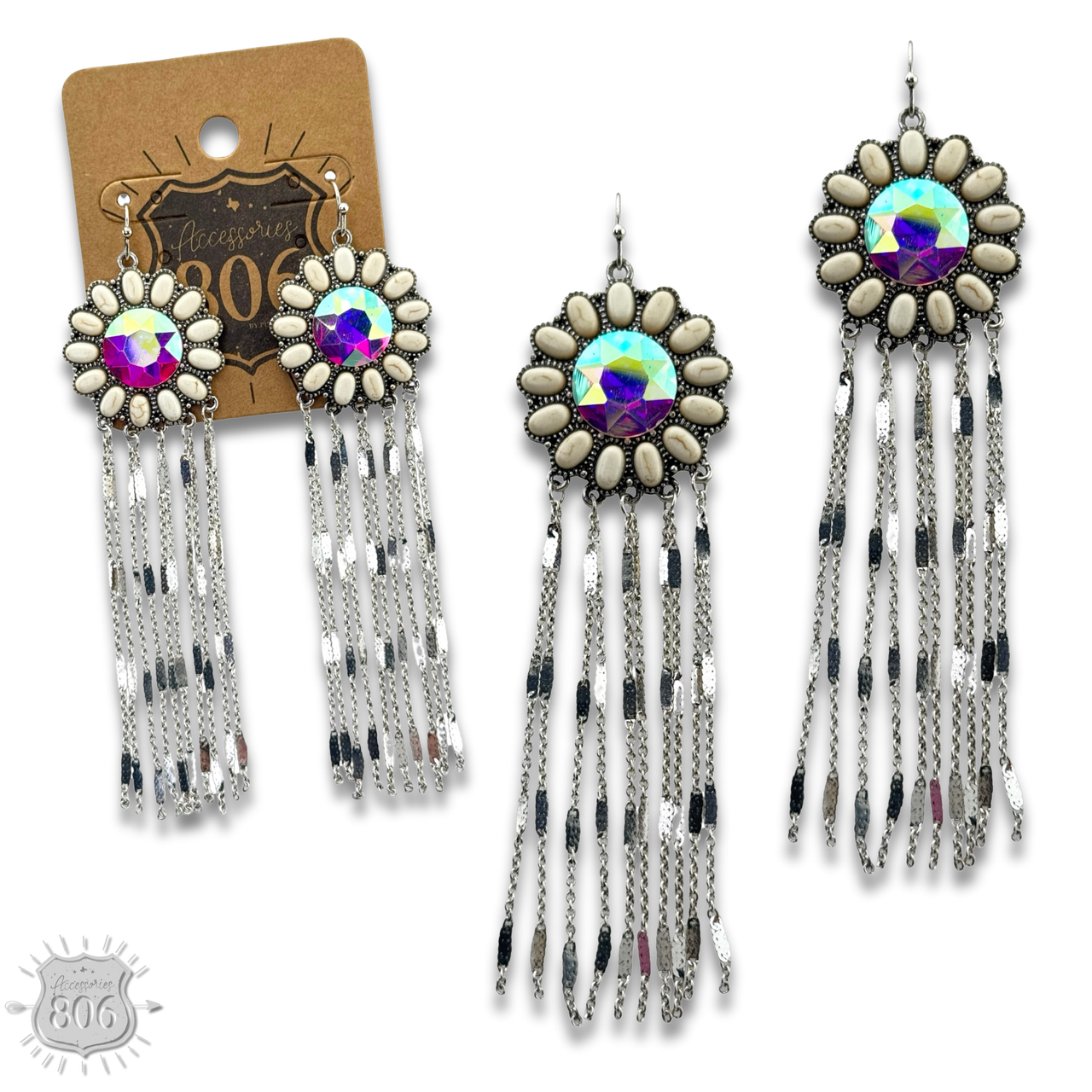 Fuchsia flower concho fringe earrings by Pink Panache Brands with floral accents and dangling fringe details.