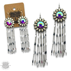 Fuchsia flower concho fringe earrings by Pink Panache Brands with floral accents and dangling fringe details.
