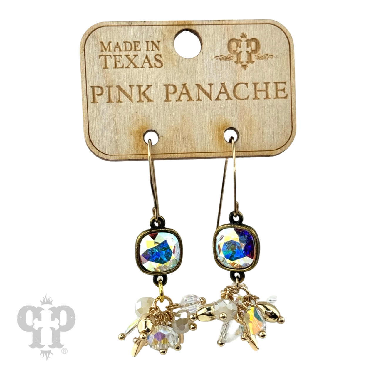 Gold bead cluster dangle earrings with sparkling Austrian crystals by Pink Panache Brands, showcasing elegant jewelry design.