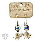 Gold bead cluster dangle earrings with sparkling Austrian crystals by Pink Panache Brands, showcasing elegant jewelry design.