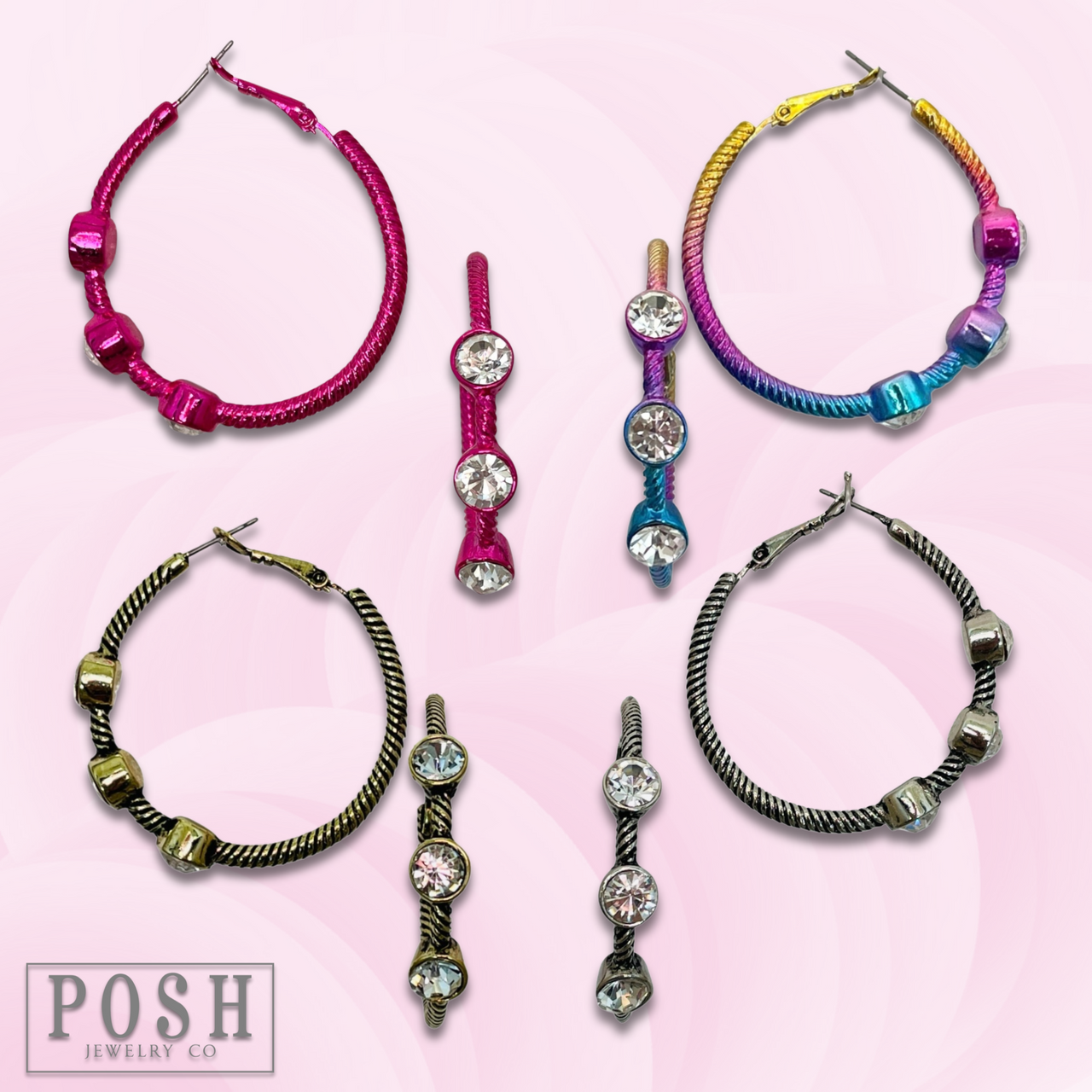 Gold cable hoop earring by Pink Panache Brands featuring sparkling crystal stones for a stylish look.