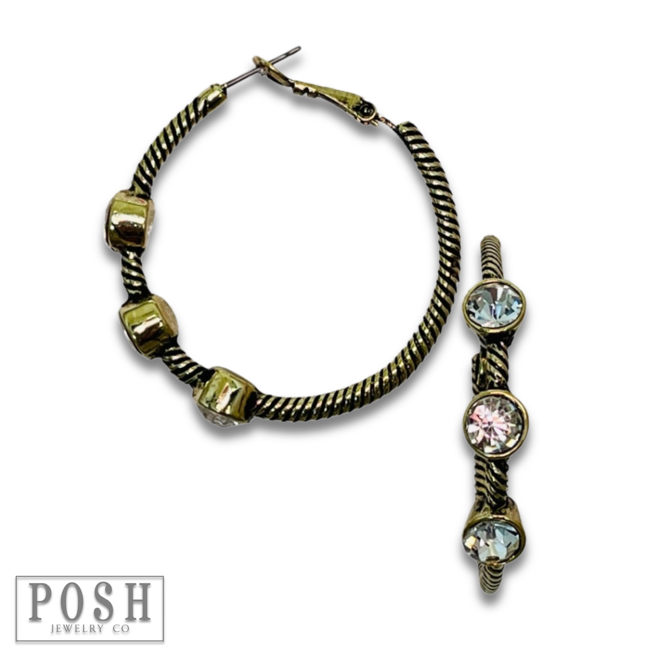 Gold cable hoop earring with sparkling crystal stones, stylish jewelry by Pink Panache Brands