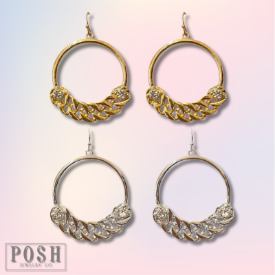 Gold curb chain and rhinestone earrings from Pink Panache Brands featuring sparkling stones and stylish chain design.
