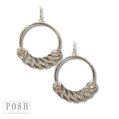Gold curb chain and rhinestone earrings by Pink Panache Brands featuring sparkling stones and stylish chain design.