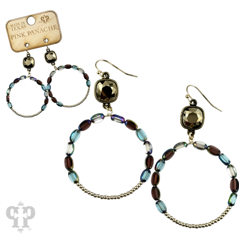 Gold Austrian crystal earrings featuring flat oval and round bead circle designs by Pink Panache Brands.