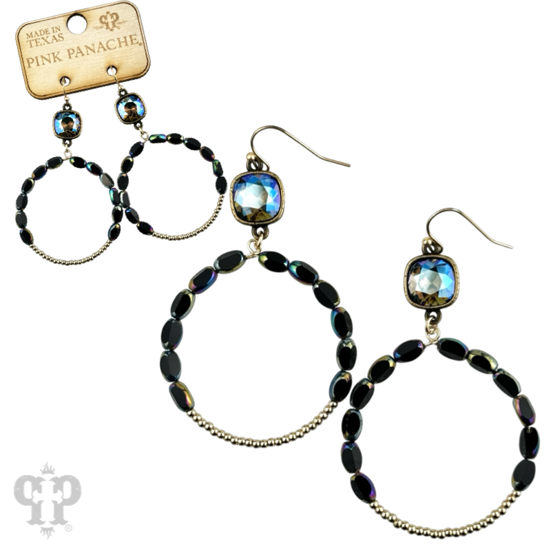 Pink Panache Brands gold earrings featuring flat oval and round bead circles with sparkling Austrian crystals.