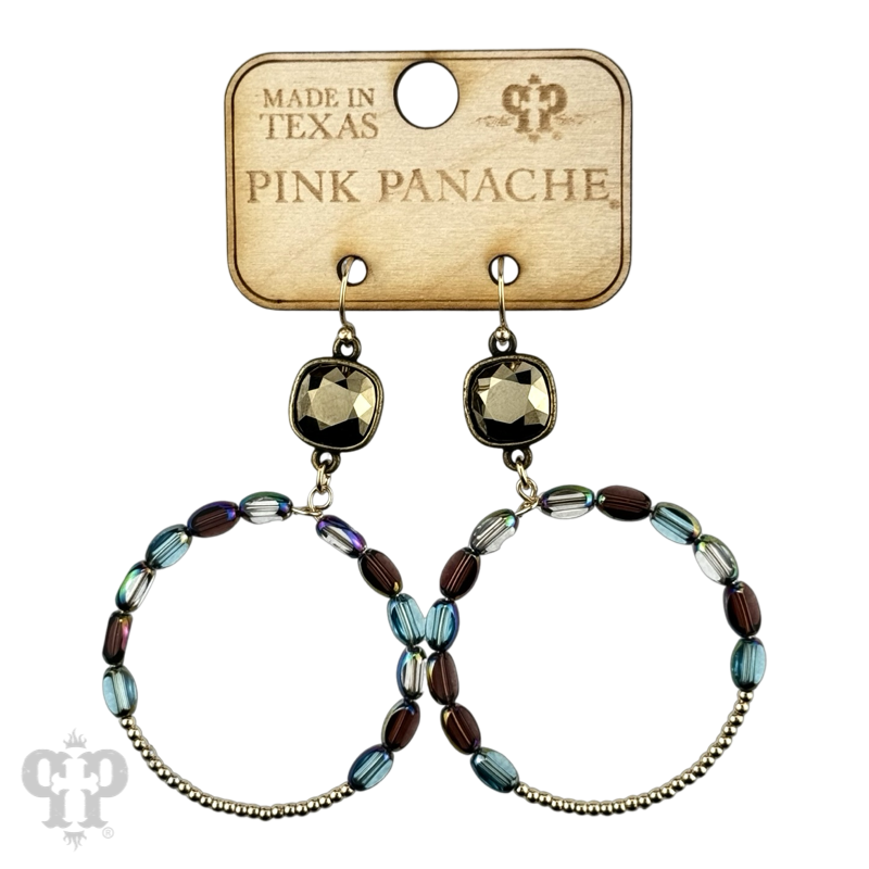 Gold Austrian crystal earrings with flat oval and round bead circle design by Pink Panache Brands.