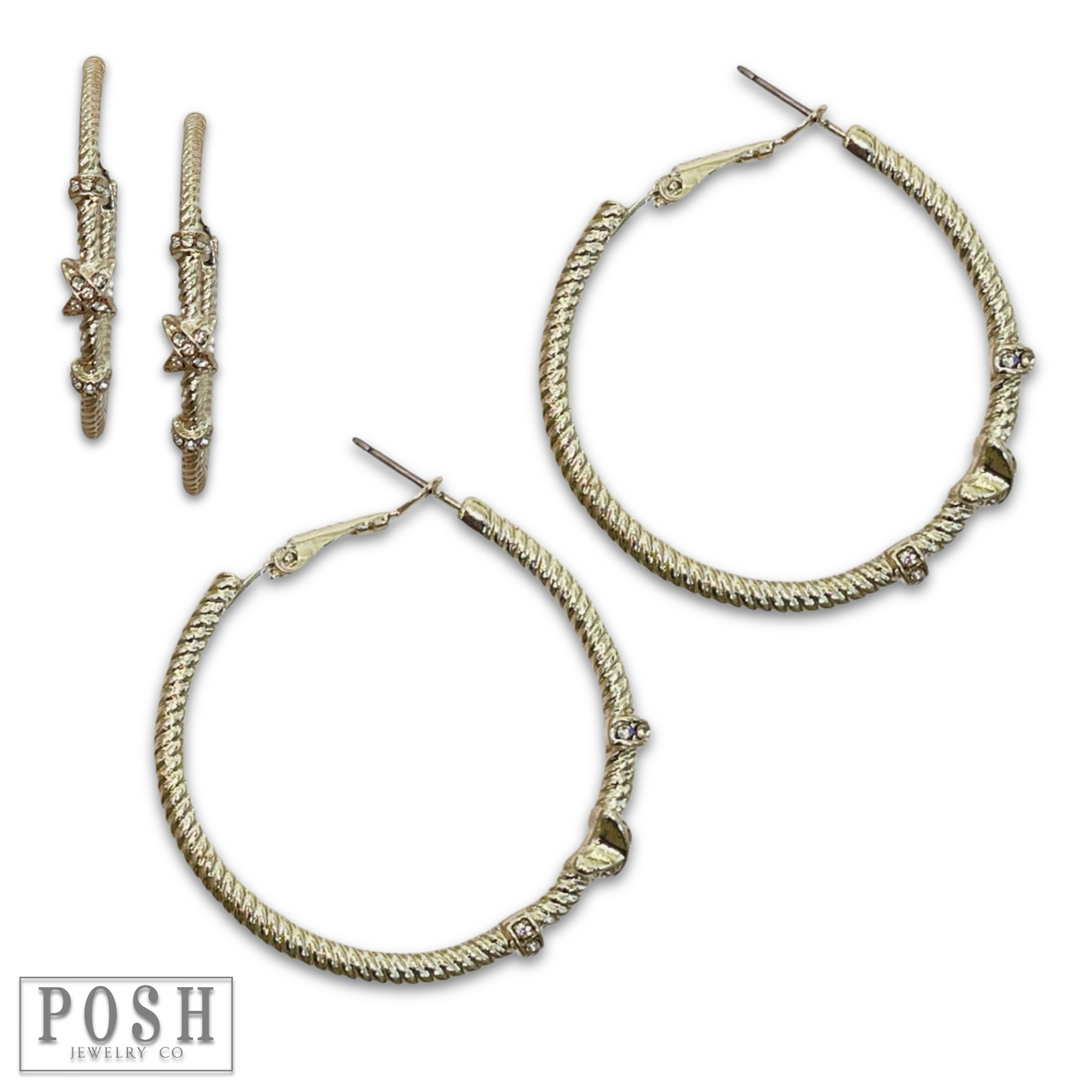 Gold cable hoop earring with sparkling rhinestones by Pink Panache Brands, showcasing a stylish and elegant jewelry piece.