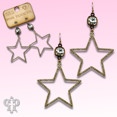 Gold open star earring with Austrian crystal from Pink Panache Brands, showcasing a delicate star shape and sparkling details.
