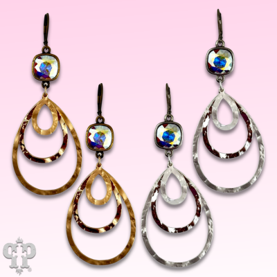 Gold matte and shiny teardrop earrings with Austrian crystals by Pink Panache Brands featuring elegant metal design.