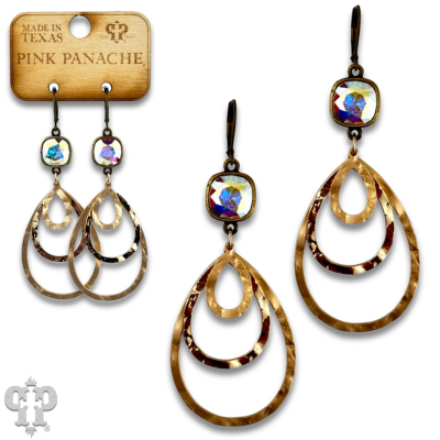 Gold matte and shiny metal teardrop earrings with Austrian crystals from Pink Panache Brands, showcased with intricate detailing.