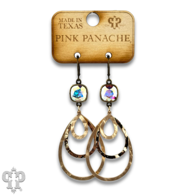 Gold matte and shiny metal teardrop earrings with Austrian crystals from Pink Panache Brands.