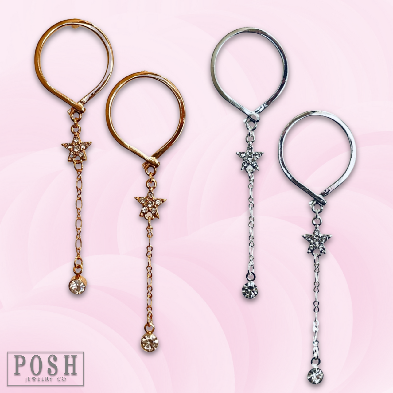 Gold post earring with star and drop design from Pink Panache Brands, featuring a sleek, elegant style.