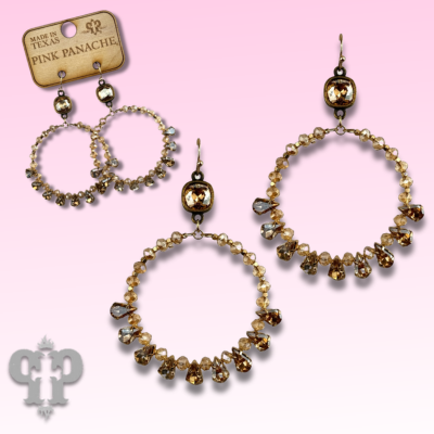 Gold rhinestone circle hoop earring with Austrian crystals by Pink Panache Brands, showcasing sparkling details and elegant design.