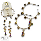 Gold rhinestone hoop and drop earrings by Pink Panache Brands featuring sparkling rhinestones and elegant design.