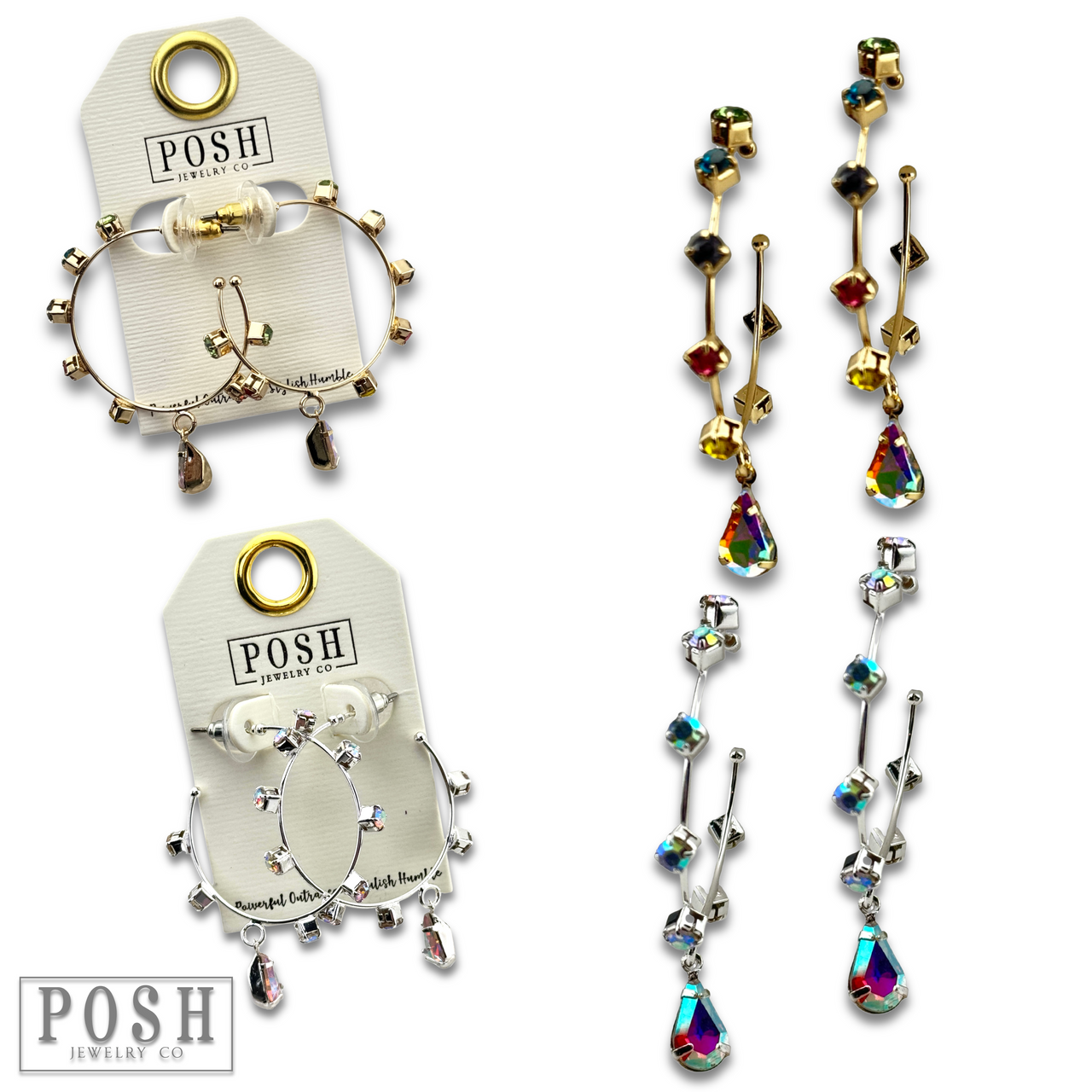 Gold rhinestone hoop and drop earrings by Pink Panache Brands, featuring sparkling embellishments and elegant design.