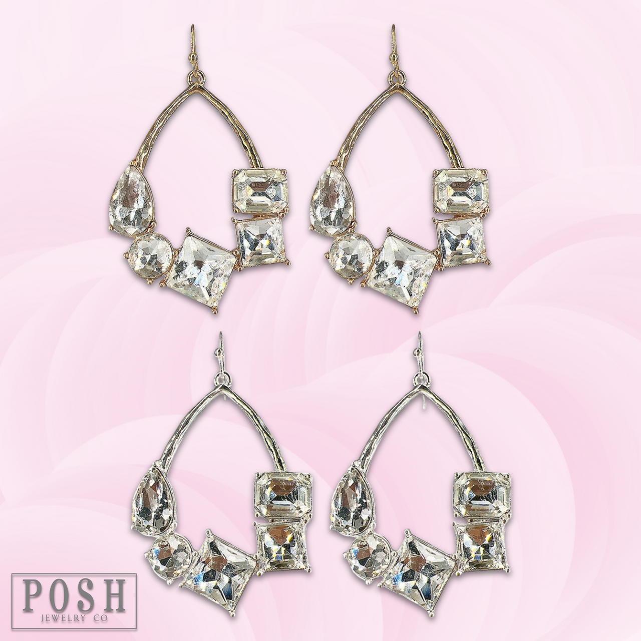 Silver teardrop earrings with colorful rhinestones by Pink Panache Brands, showcasing elegant jewelry design.
