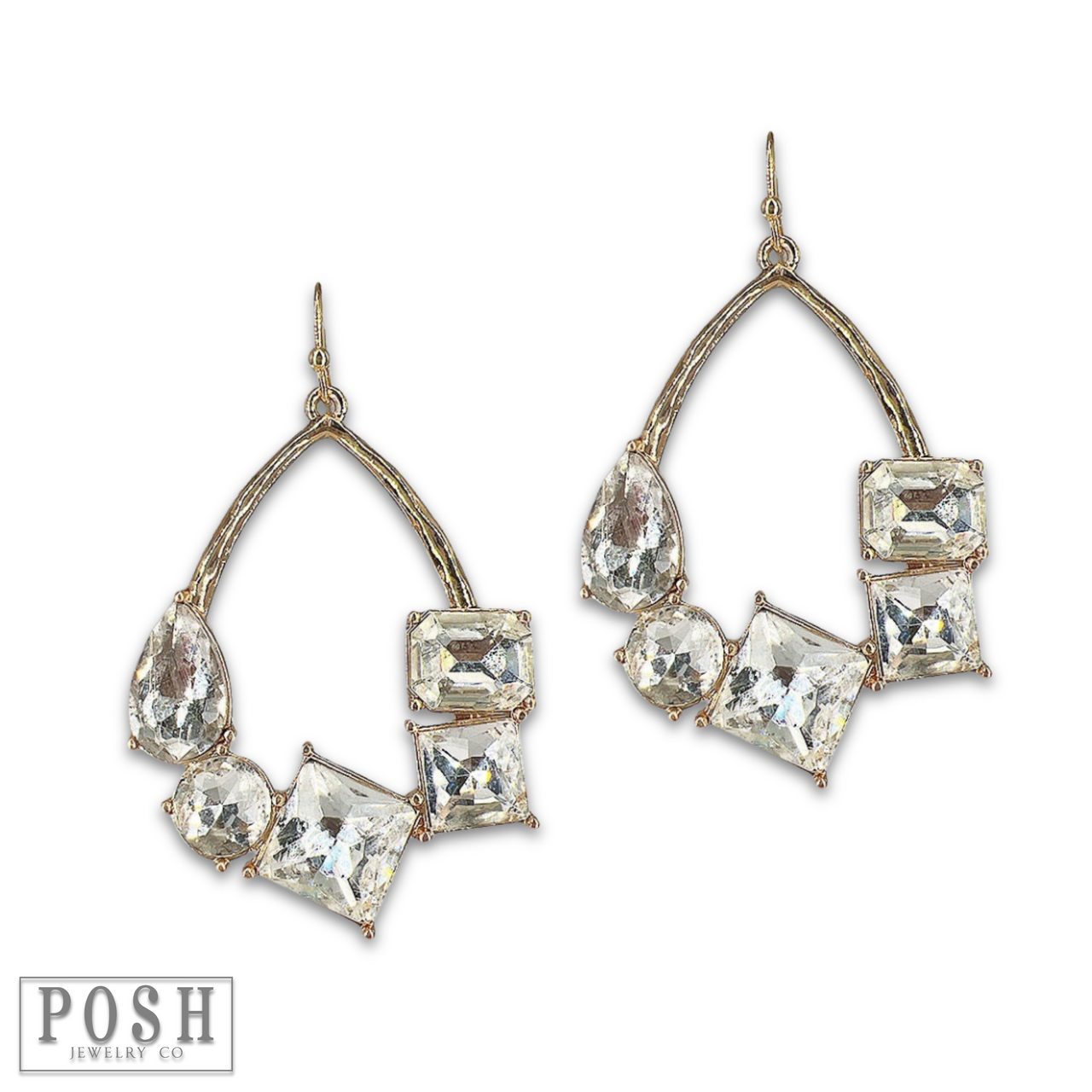 Silver teardrop earrings with colorful rhinestones by Pink Panache Brands, showcasing sparkling gemstone accents and elegant design.