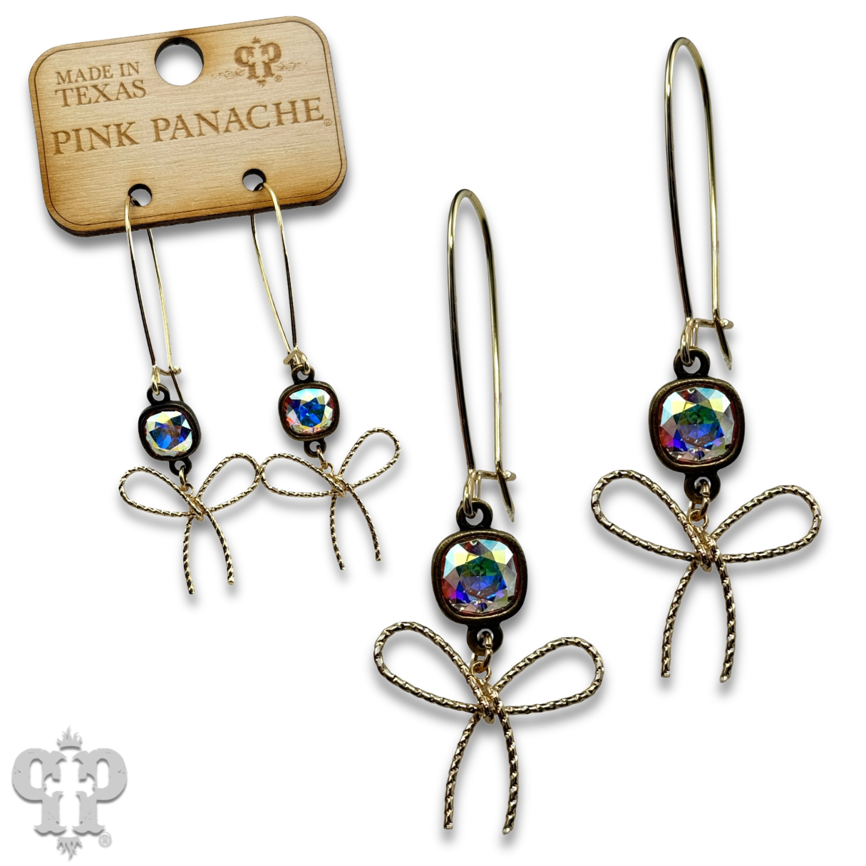 Gold textured bow earring with Austrian crystal from Pink Panache Brands, showcasing elegant jewelry design.