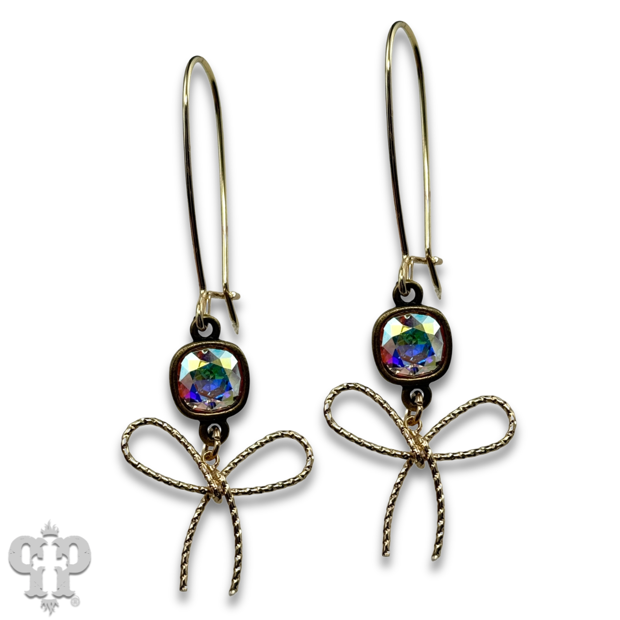 Gold textured bow earring by Pink Panache Brands featuring sparkling Austrian crystal for a stylish and elegant look.