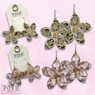 Gray crystal and flower petal earrings by Pink Panache Brands, featuring elegant floral design and sparkling crystal details.