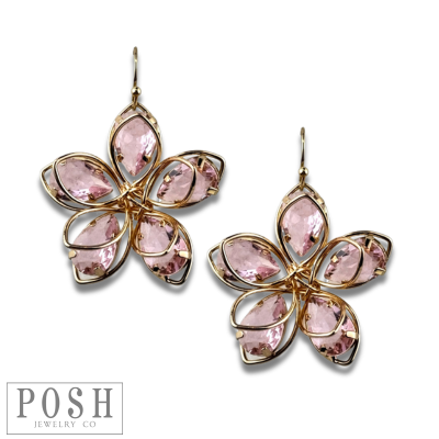 Gray crystal and flower petal earrings by Pink Panache Brands, showcasing delicate floral and gemstone details.
