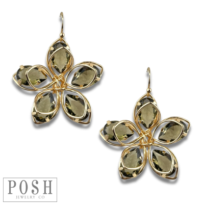 Gray crystal and flower petal earrings by Pink Panache Brands, featuring delicate floral design and sparkling crystal accents.