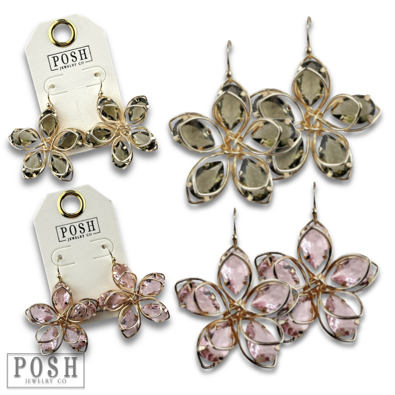 Gray crystal and flower petal earrings by Pink Panache Brands, featuring delicate floral design and sparkling crystal accents.